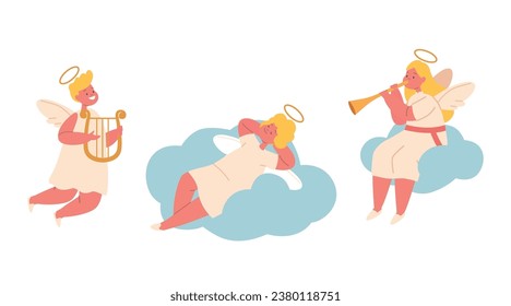 Cute Angels Characters On Clouds, Cherubic And Pure Little Messengers With Harp And Trumpet, Vector Illustration