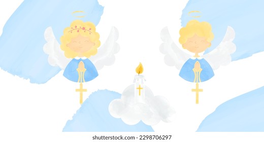 Cute Angels Girl and Boy in Festive Attire with Folded Hands on the Chest for Prayer and a Cross Hanging on the Folded Hands Cloud and Candle Vector Illustration Banner for Baptism in Watercolor Style
