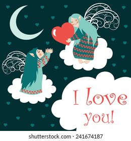 Cute angels sitting on the clouds. Vector romantic greeting card