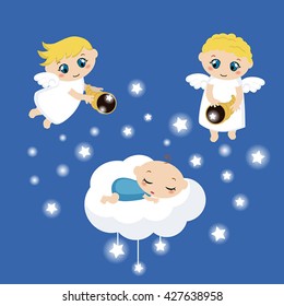 Cute angels with stars and baby sleeping on the cloud