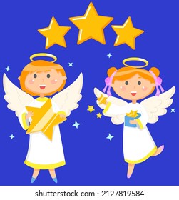 Cute angels with stars vector illustration. Children in angel costumes fly in sky. Cartoon characters with halos above their heads surrounded by stars. Small spiritual beings, divine creatures