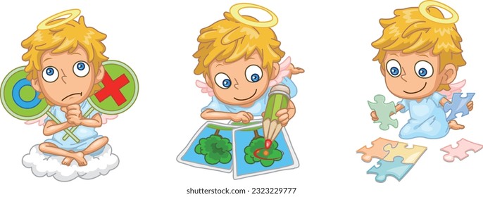 Cute angels are taking a quiz. OX quizzes and puzzles, hidden object search