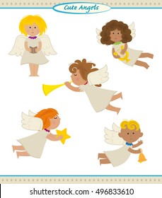 Cute Angels - Vector set of five cute angels doing different things. Eps10