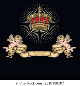 cute angels with vintage banner and crown