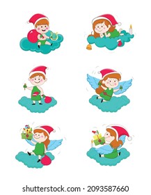 Cute angels wearing Santa dress angel sitting on clouds angels with wings cute angels with gifts happy angels sweet angel with candies cute elves candles balloons snowman bell cute characters