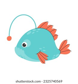 Cute angler fish. Childrens illustration of a fish. Monkfish living at the bottom of the ocean. Vector stock illustration isolated on white background.