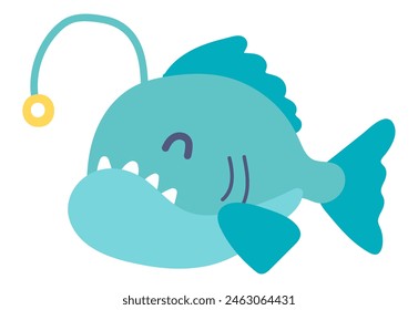 Cute angler fish in flat design. Underwater tropical predator with lantern. Vector illustration isolated.