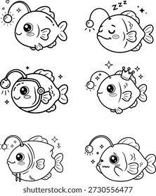 Cute Anglerfish Character Set Line Art for Kids Coloring Page