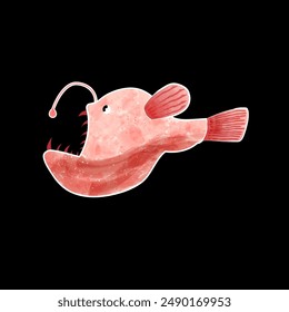 Cute anglerfish. Childrens illustration of a fish. Monkfish living at the bottom of the ocean. Vector stock illustration isolated on white background.