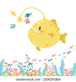 Cute anglerfish is  hunting small fish in the sea. Vector illustration isolated on a white background.