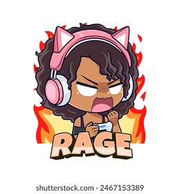 Cute angry african american gamer girl cartoon logo mascot