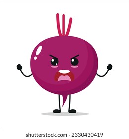 Carácter de remolacha alegre y enfadado. Divertido emoticono de remolacha loca en estilo plano. ilustración vectorial de emoji vegetal