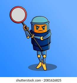 cute angry blue robot mascot character carrying road signs to protest
