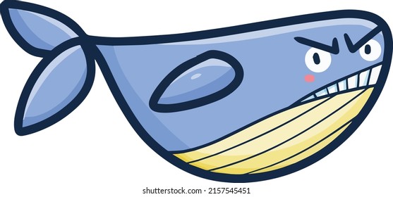 Cute angry blue whale cartoon character