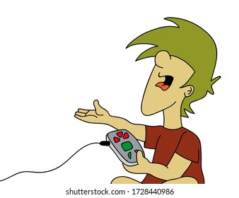 Cute angry boy complaining and playing sitting a video game. Cartoon style vector illustration.