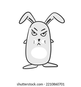 Cute angry bunny. Cartoon illustration of a funny little rabbit isolated on a white background. Symbol of 2023 according to the Chinese calendar.