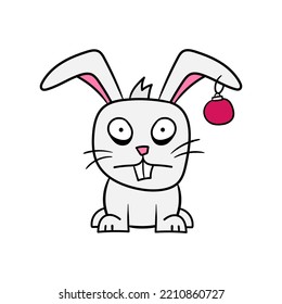 Cute angry bunny. Frightened tired cartoon rabbit with a red Christmas ball in his ear. Symbol of 2023. Illustration isolated on white background