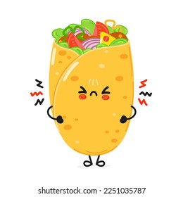 Cute angry burrito character. Vector hand drawn cartoon kawaii character illustration icon. Isolated on white background. Sad cute burrito character concept