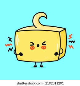 Carácter de mantequilla irritada. Caricatura dibujada a mano del vector icono de ilustración del personaje kawaii. Aislado sobre fondo azul. El concepto de carácter de mantequilla triste