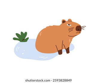 Cute angry capybara in water isolated on white background. Baby animal capibara character. Funny happy mammal in water nature. Vector flat illustration