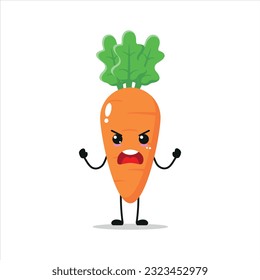 Carácter dulce y enfadado de zanahoria. Divertido emoticono de dibujos animados de zanahoria furiosa en estilo plano. ilustración vectorial de emoji vegetal