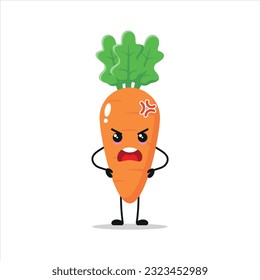 Carácter dulce y enfadado de zanahoria. Divertido emoticono de dibujos animados de zanahoria loca en estilo plano. ilustración vectorial de emoji vegetal