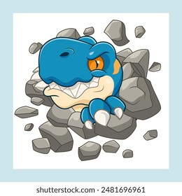 cute angry cartoon dinosaur coming out of the rocks