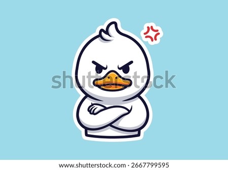 A cute but angry cartoon duck or chick stands with its arms crossed, a classic pouty expression on its face. The simple, bold design makes the emotion clear and humorous. Vector Illustration