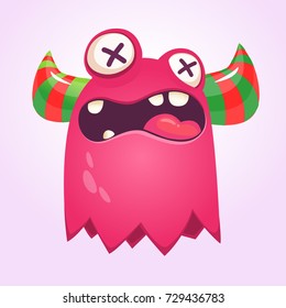 Cute angry cartoon monster  with horns. Illustration of funny pink monster with big mouth. Halloween vector illustration