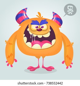 Cute angry cartoon monster. Vector  furry orange monster character with tiny legs and big horns. Halloween design
