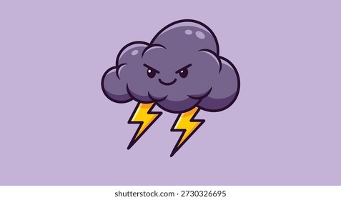 A cute and angry cartoon storm cloud with lightning bolts, isolated on a light purple background.