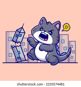 Cute Angry Cat Dino Destroy Building Cartoon Vector Icon Illustration. Animal Holiday Icon Concept Isolated Premium Vector. Flat Cartoon Style