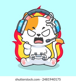 Cute Angry Cat Gaming Cartoon Vector Icon Illustration. Animal Technology Icon Concept Isolated Premium Vector. Flat Cartoon Style