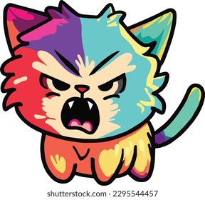 Cute angry cat hissing. Furious kitten with open mouth showing sharp teeth.