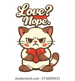 Gato enojado lindo que sostiene la ilustración rota de la historieta del amor de Nope