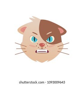 Cute angry cat. Little kitty with fangs. Meow cat illustration