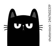 Cute angry cat. Sad face head. Kitten with big eyes. Black silhouette icon. Funny kawaii pet animal. Cartoon funny baby character. Pink ears, nose, cheek. Flat design. White background. Vector