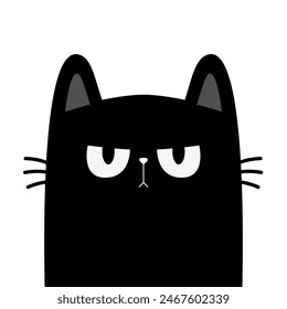 Cute angry cat. Sad face head. Kitten with big eyes. Black silhouette icon. Funny kawaii pet animal. Cartoon funny baby character. Pink ears, nose, cheek. Flat design. White background. Vector