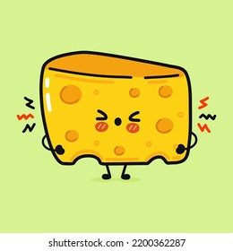 Carácter de queso alegre y enfadado. Caricatura dibujada a mano del vector icono de ilustración del personaje kawaii. Aislado sobre un fondo verde. Sensación de carácter de queso triste