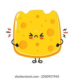 Süße wütende Käse-Charakter. Handgezeichneter Cartoon-Kawaii-Vektorsymbol. Einzeln auf weißem Hintergrund. Sad Cheese-Charakterkonzept