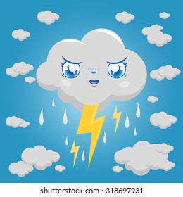 Cute angry cloud and lightning raining at the sky. Vector illustration