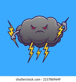 Cute Angry Cloud Storm With Thunder Cartoon Vector Icon Illustration Object Nature Icon Concept Isolated Premium Vector. Flat Cartoon Style