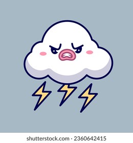 Cute Angry Cloud Storm With Thunder Cartoon Vector Icon Illustration. Object Nature Icon Concept Isolated Premium Vector. Flat Cartoon Style