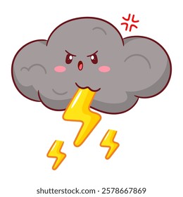 Cute angry cloud storm with thunder cartoon. Weather concept design. Kawaii object vector icon mascot illustration.
