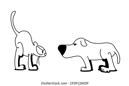 Te enojas y te enfrentas al gato y al perro. Esbozo de dibujos animados dibujados a mano negra y blanca línea graciosa ilustración vectorial aislada en fondo blanco.