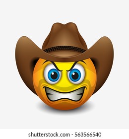 Cute angry cowboy emoticon, emoji - vector illustration