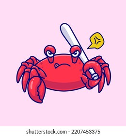 Cute Angry Crab Holding Baseball Stick Cartoon Vector Icon Illustration. Animal Sport Icon Concept Isolated Premium Vector. Flat Cartoon Style