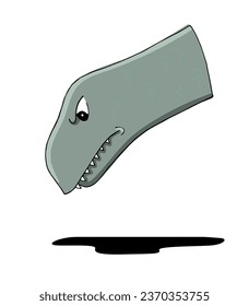 Cute cara de personaje de cabeza de dinosaurio enojado con un largo cuello mirando desde la derecha. Dibujo cómico de dibujos a mano coloridos ilustraciones vectoriales de estilo aisladas en fondo blanco.