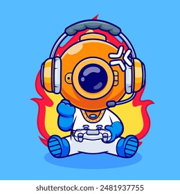 Cute Angry Diver Gaming Cartoon Vector Icon Illustration. Science Technology Icon Concept Isolated Premium Vector. Flat Cartoon Style