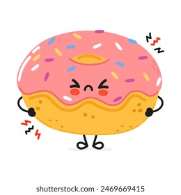 Süße wütende Donut-Figur. Vektorgrafik Handgezeichnete Cartoon Kawaii Zeichen Illustration Ikone. Isoliert auf weißem Hintergrund. Trauriges Donut-Charakterkonzept